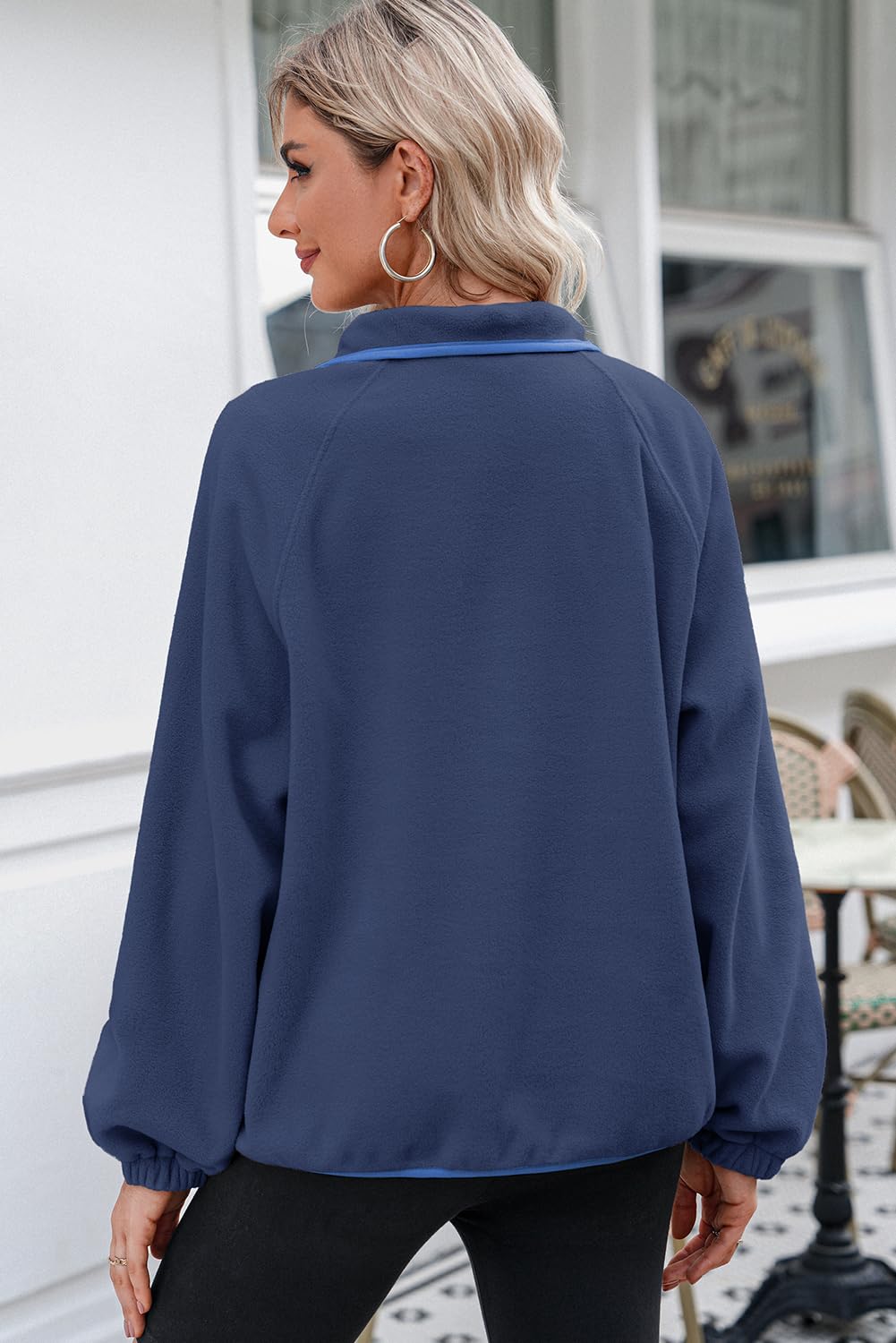 Dokotoo Winter Coats for Women Oversized Sweatshirts Warm Fuzzy Fleece Button Collar Color Block Long Sleeve Sweatshirt Cute Relaxed Fit Tops Pullover Outerwear Trendy 2025 Clothes Blue Large
