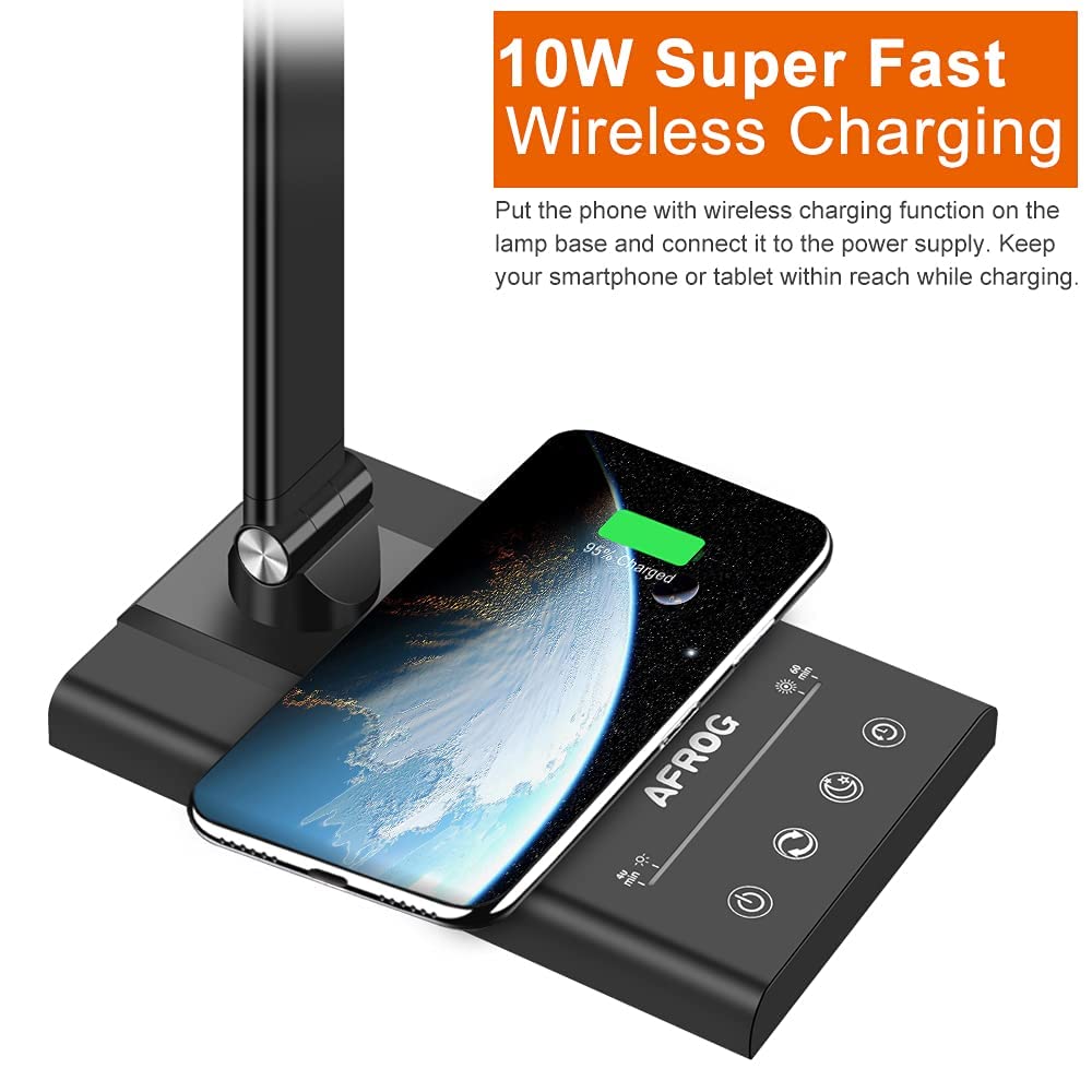 AFROG 5th Gen Multifunctional LED Desk Lamp with 10W Fast Wireless Charger, USB Charging Port,1800Lux Super Bright,5 Lighting Mode,7 Brightness, Touch Control, Auto Timer, 15W Office Table Lamp