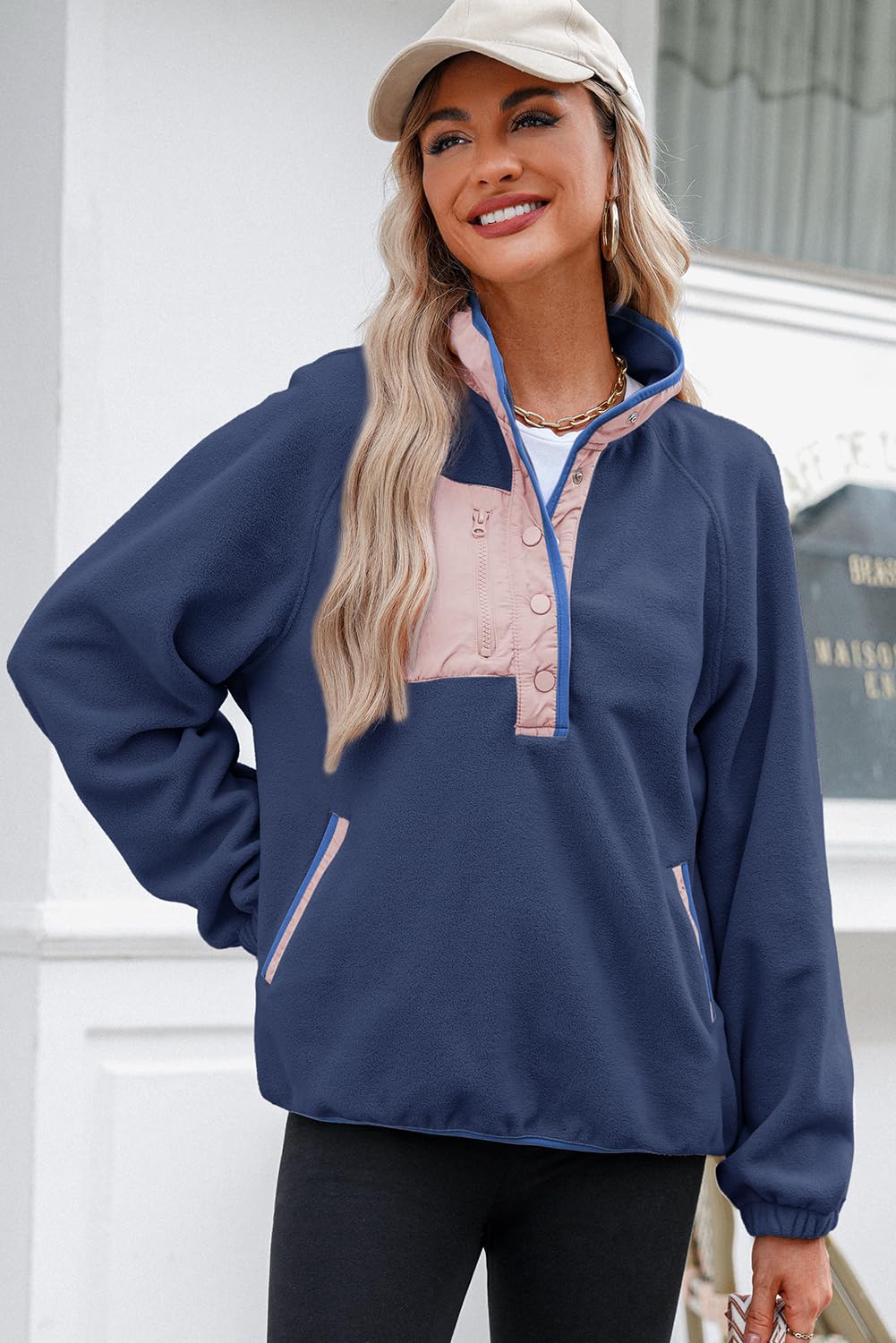 Dokotoo Winter Coats for Women Oversized Sweatshirts Warm Fuzzy Fleece Button Collar Color Block Long Sleeve Sweatshirt Cute Relaxed Fit Tops Pullover Outerwear Trendy 2025 Clothes Blue Large