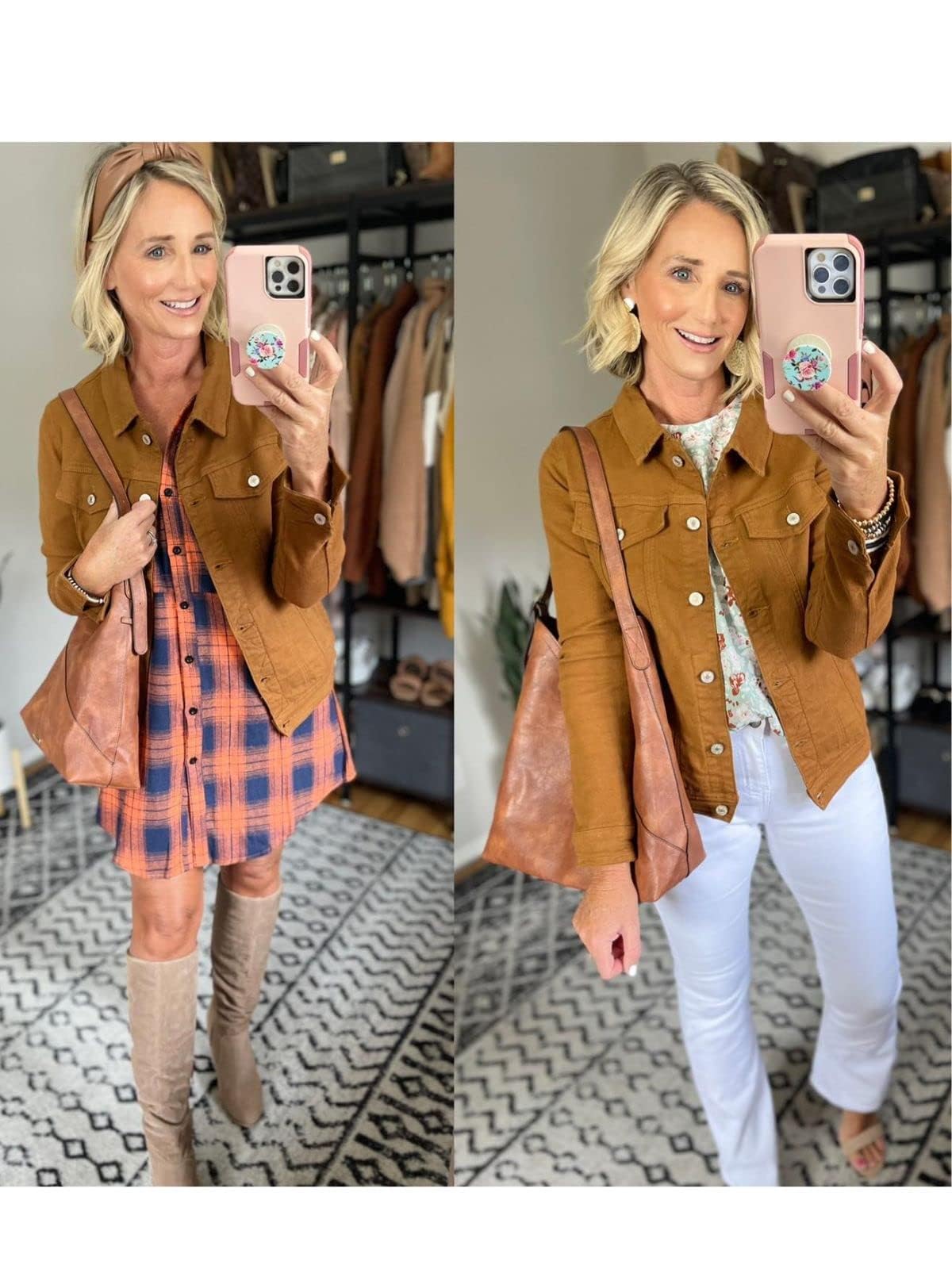 luvamia Women's Classic Casual Long Sleeves Jacket Basic Button Down Trucker Jacket Coat Brown Size Medium