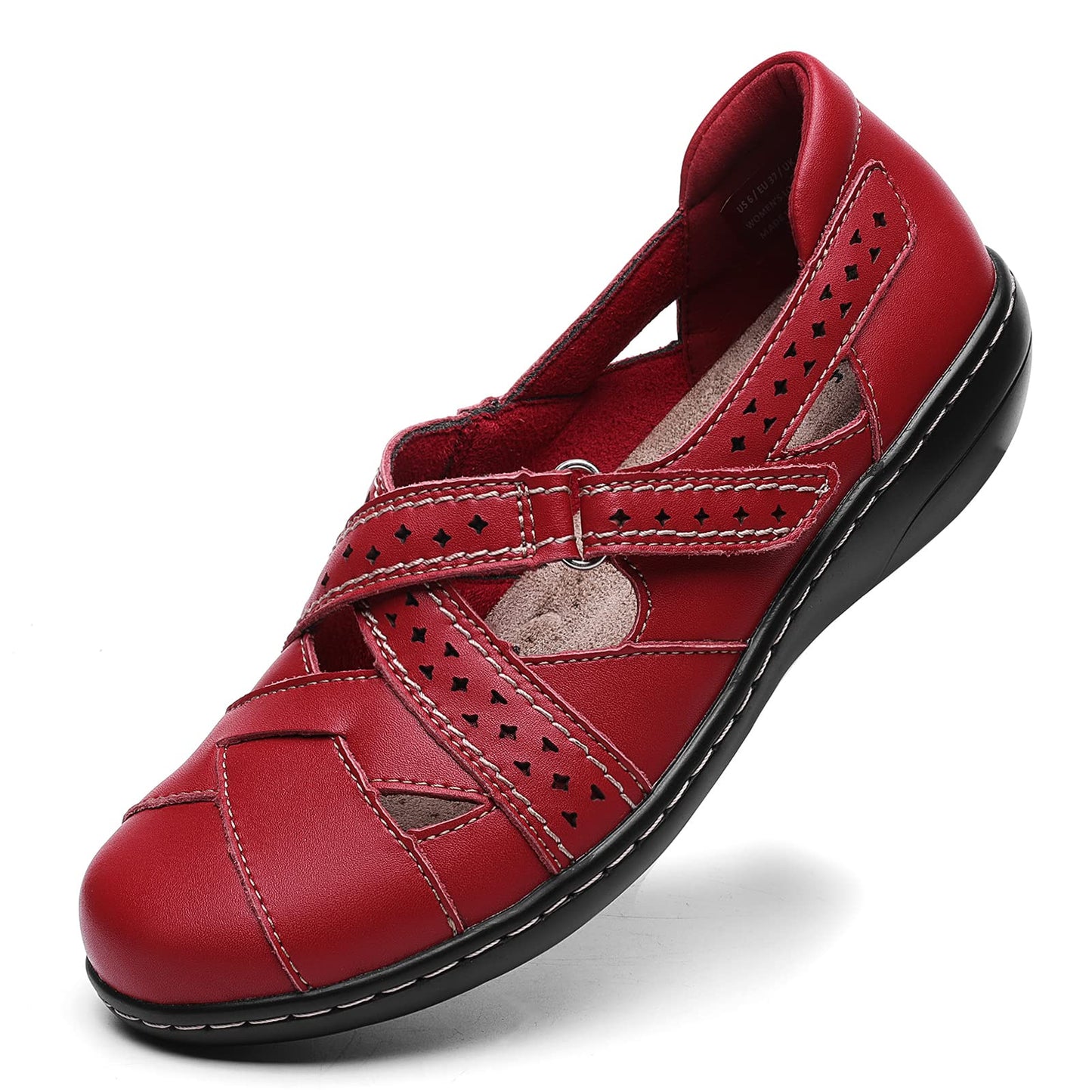 Irrefour Women's Classic Red Genuine Leather Casual Loafer Cute Slip-On Fashion Closed Toe Flat Sandal Comfy Work Sandal Everyday Walking Shoe 1607-HON060