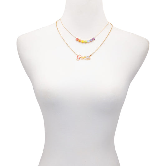 GUESS Goldtone Rainbow Glass Stones Logo Layered Necklace