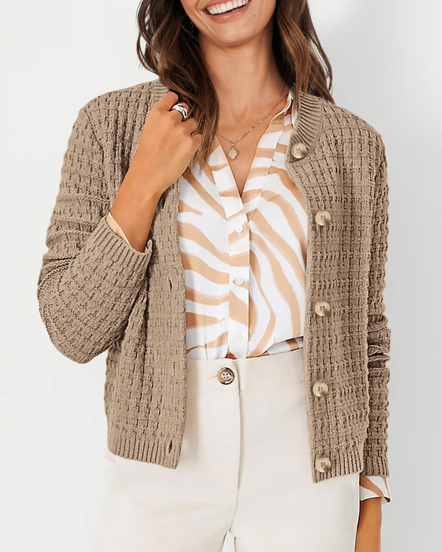 PRETTYGARDEN Women's Knit Cardigan Sweaters Casual Long Sleeve Open Front Button Down Trendy Jackets Outerwear (Camel,Large)