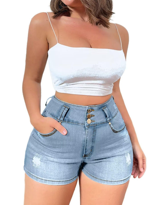 Flamingals Butt Lifting Shorts for Women High Waist Denim Jeans Shorts with Pockets Frayed Raw Ripped Light Sky XL