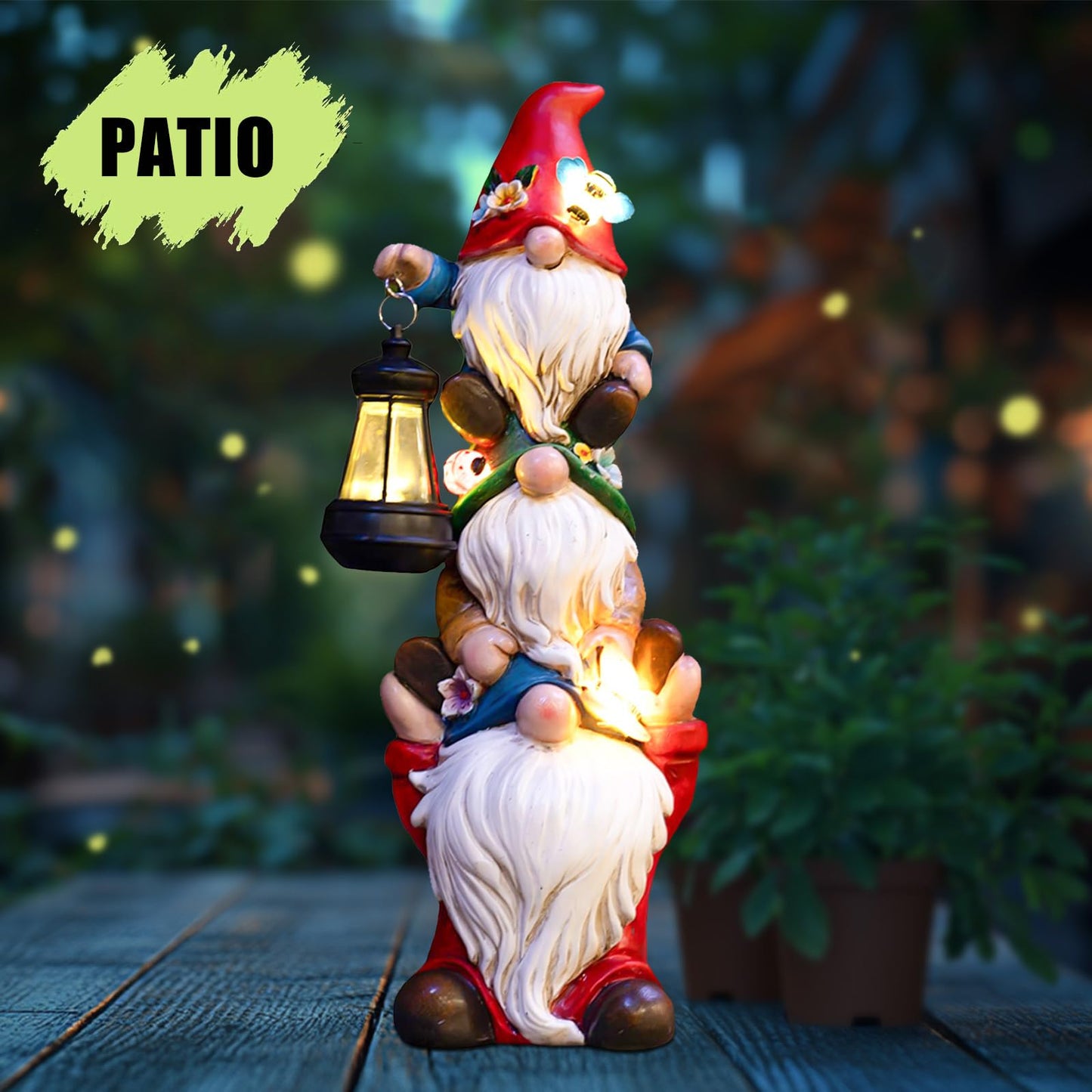 Garden Gnome Statue with Solar Lights Garden Sculptures Funny Triple Gnome Outdoor Patio Lawn Yard Balcony Garden Home Decor Birthday Gifts for Women Mom Grandma 12 in Fall Gnome