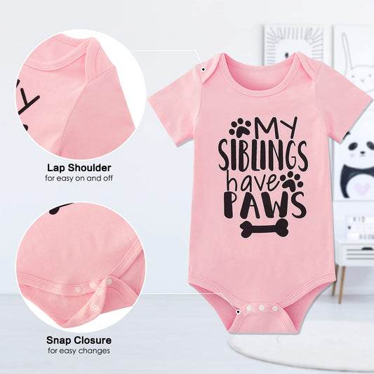 Funnycokid Baby Girls Boys Romper My Siblings Have Paws Newborn Stuff Gender Neutral Announcement Bodysuit Pink Short Sleeve Clothes 3-6 Months