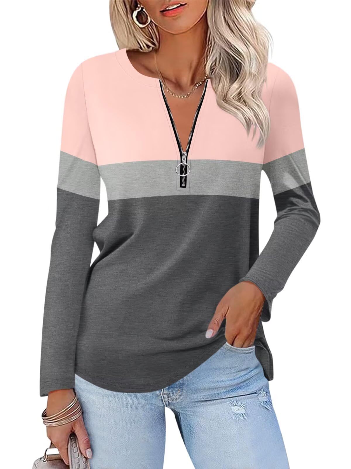 ORANDESIGNE Women's Long Sleeve Shirts Color Block Zipper Tops Tunics Casual Fall Ladies Tees