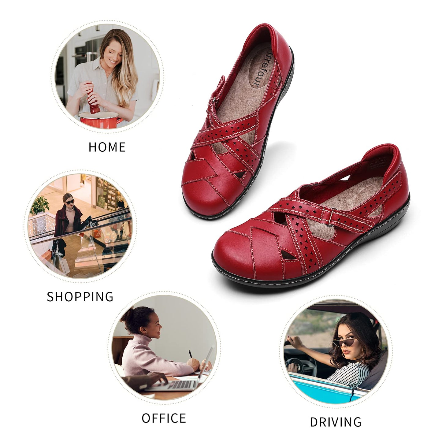 Irrefour Women's Classic Red Genuine Leather Casual Loafer Cute Slip-On Fashion Closed Toe Flat Sandal Comfy Work Sandal Everyday Walking Shoe 1607-HON060