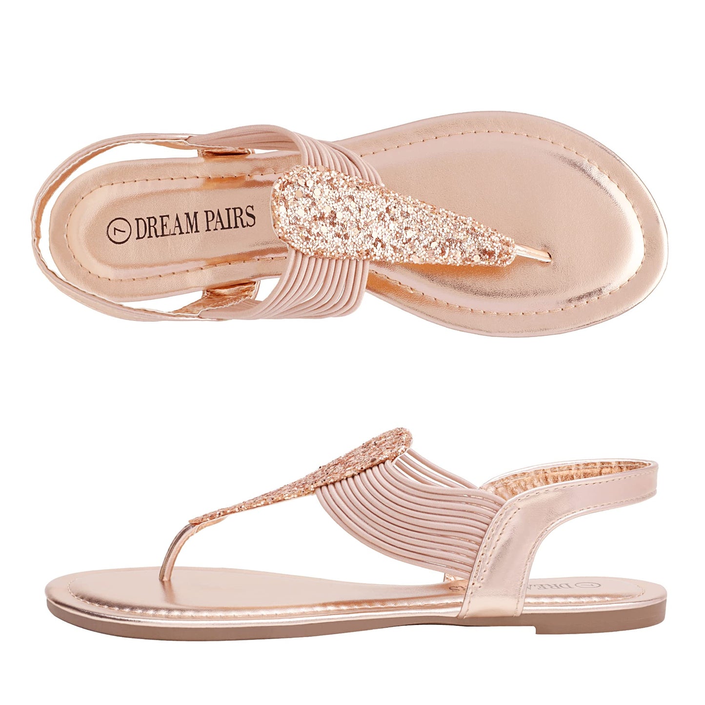 DREAM PAIRS Women's Elastic Strappy String Thong Ankle Strap Summer Gladiator Sandals,Size 10,Champagne/Gold,SPPARKLY