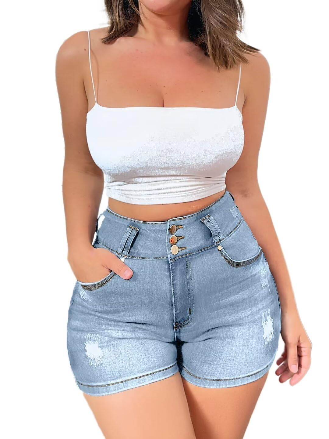 Flamingals Butt Lifting Shorts for Women High Waist Denim Jeans Shorts with Pockets Frayed Raw Ripped Light Sky XL