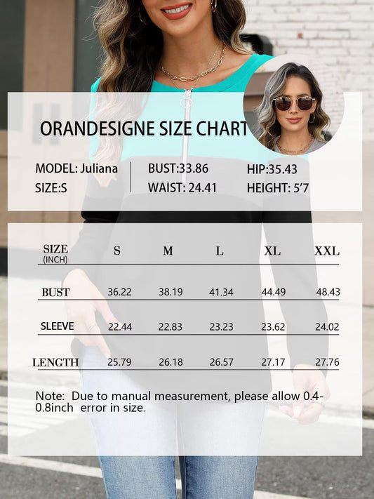 ORANDESIGNE Women's Long Sleeve Shirts Color Block Zipper Tops Tunics Casual Fall Ladies Tees