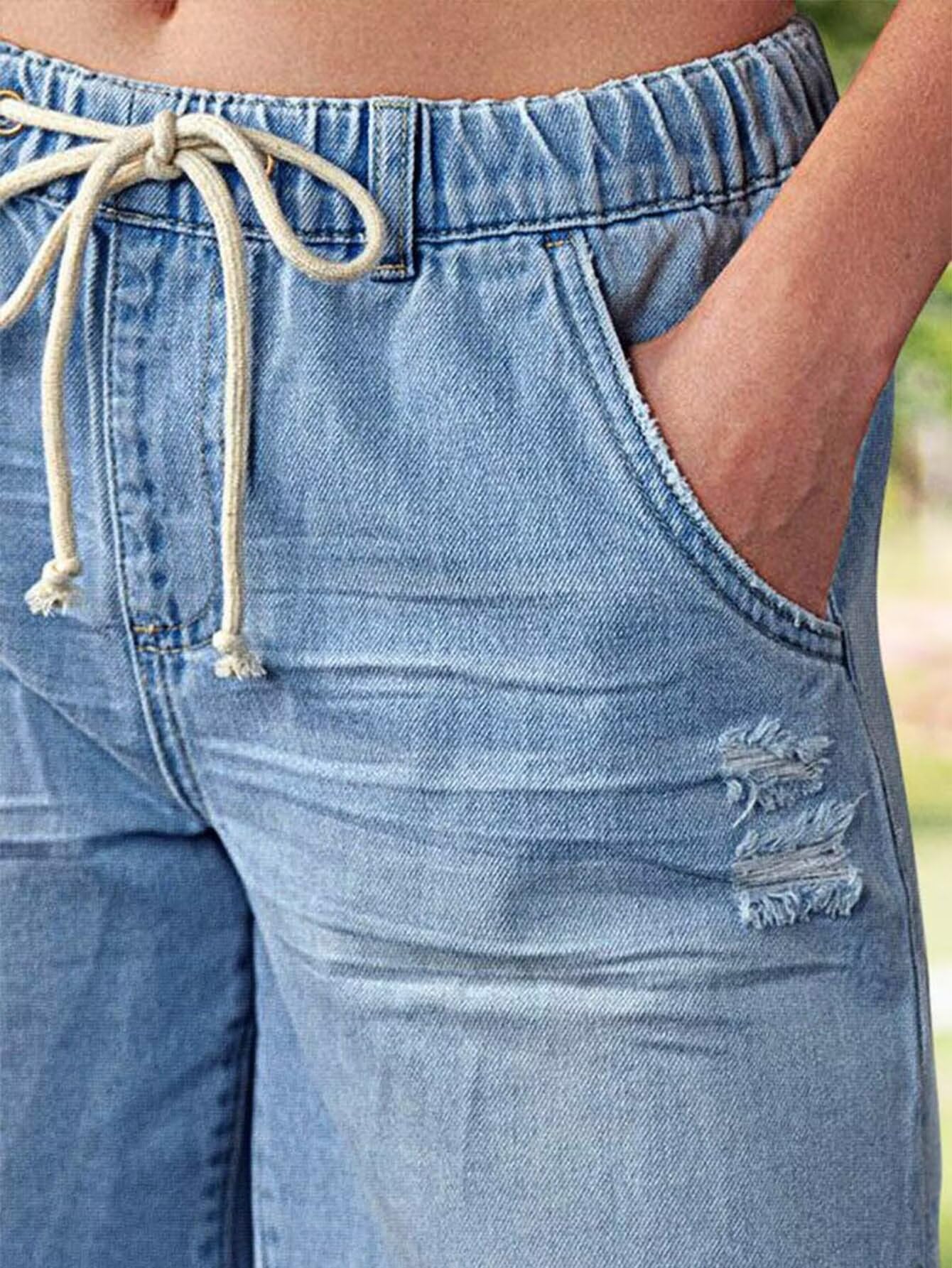 Flamingals Mid Waist Drawstring Raw Hem Ripped Split Detail Trendy Denim Mid Thigh Shorts Light Blue XL