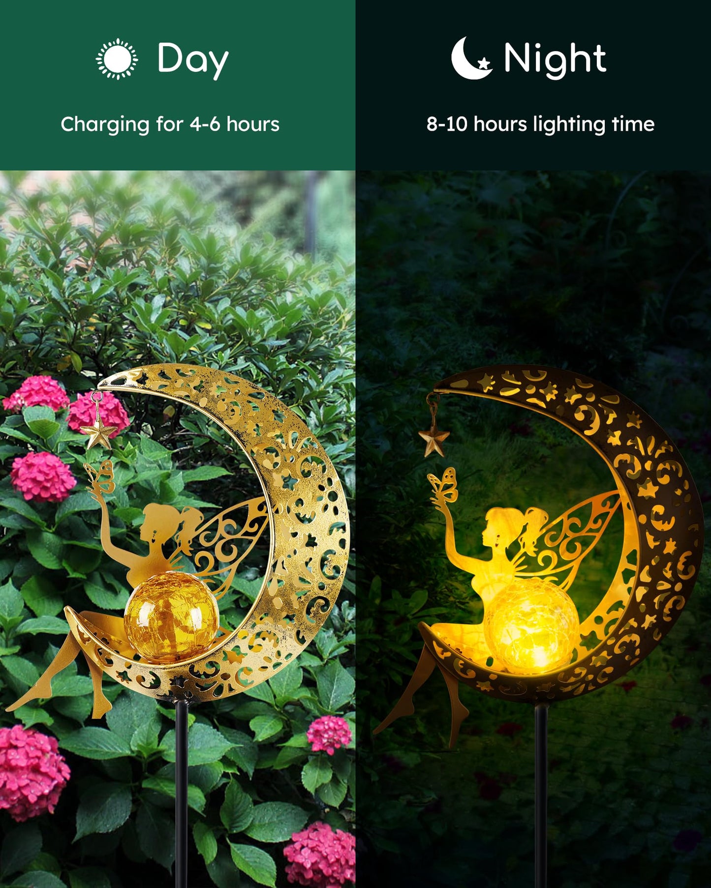 Vuees Solar Garden Statues Outdoor Decor, Fairy Moon Figurine Light Stake, Housewarming Ornament for Patio, Lawn, Yard, Pathway - Unique Gift Ideas for Gardening Mom Grandma