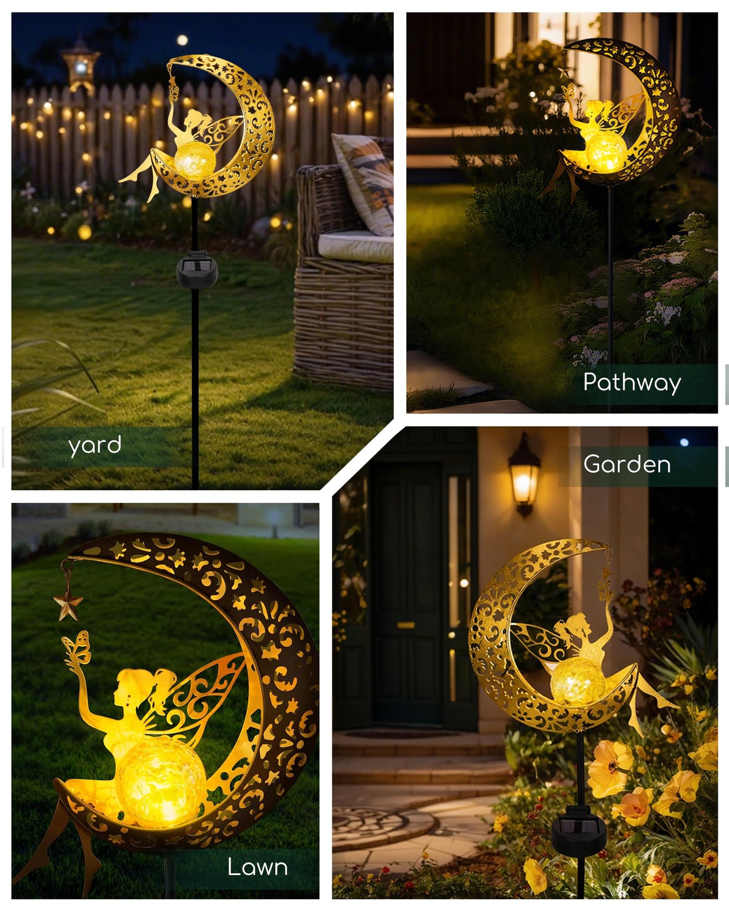 Vuees Solar Garden Statues Outdoor Decor, Fairy Moon Figurine Light Stake, Housewarming Ornament for Patio, Lawn, Yard, Pathway - Unique Gift Ideas for Gardening Mom Grandma