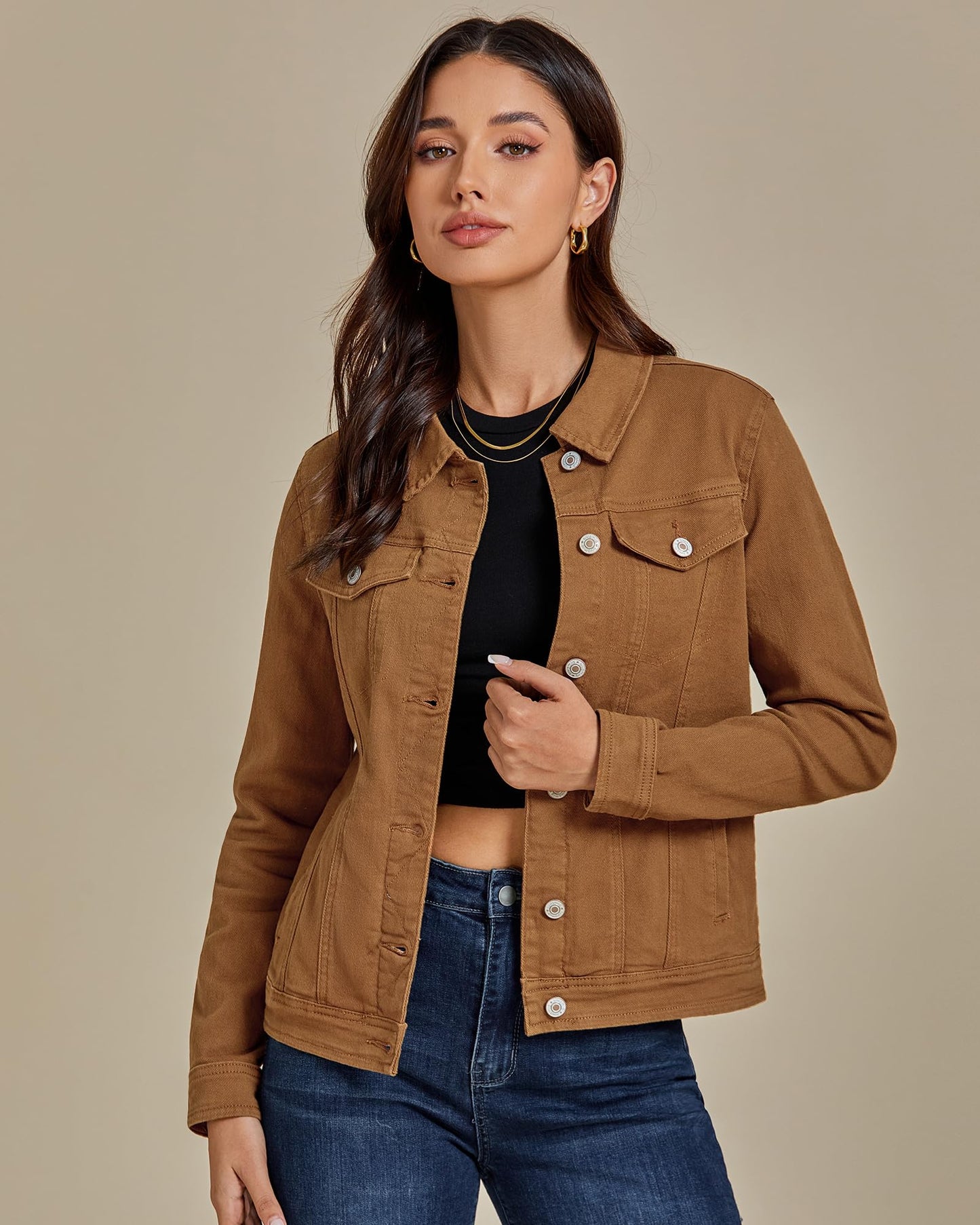 luvamia Women's Classic Casual Long Sleeves Jacket Basic Button Down Trucker Jacket Coat Brown Size Medium