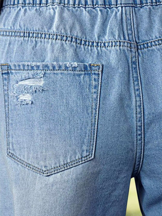 Flamingals Mid Waist Drawstring Raw Hem Ripped Split Detail Trendy Denim Mid Thigh Shorts Light Blue XL