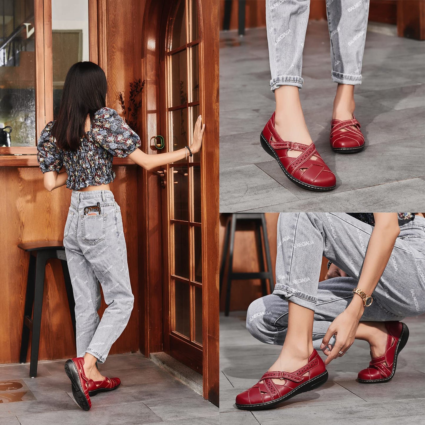 Irrefour Women's Classic Red Genuine Leather Casual Loafer Cute Slip-On Fashion Closed Toe Flat Sandal Comfy Work Sandal Everyday Walking Shoe 1607-HON060