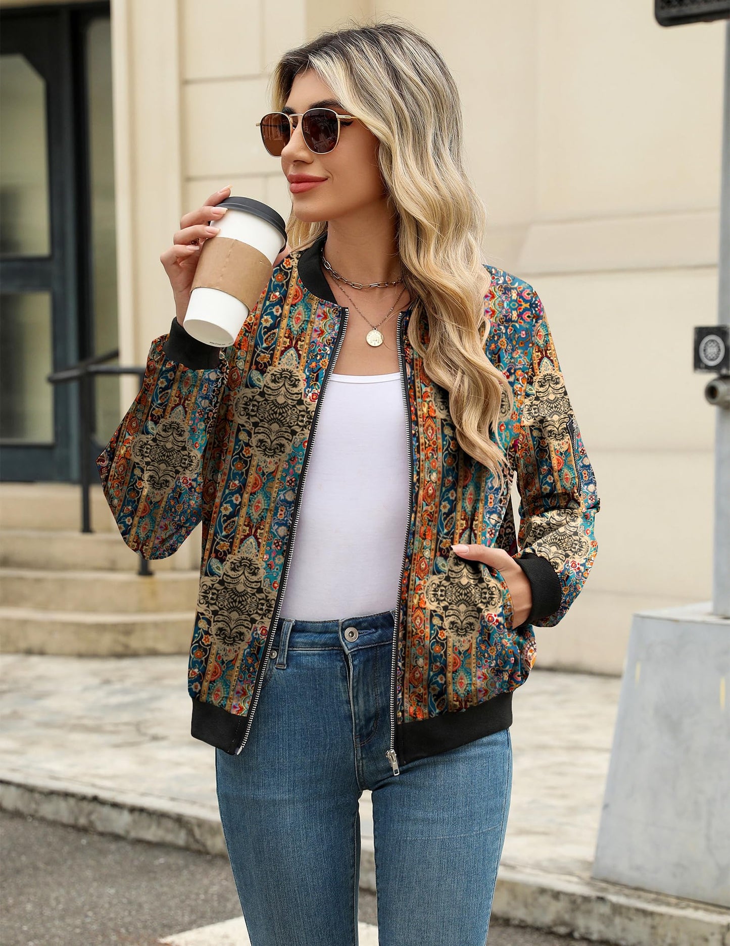 Zeagoo Women's Boho Bomber Jacket Lightweight Fall Zip Front Fashion Outerwear for Concert