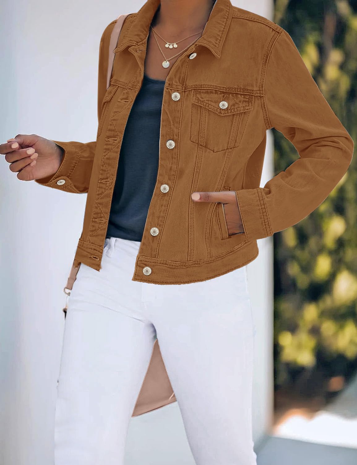 luvamia Women's Classic Casual Long Sleeves Jacket Basic Button Down Trucker Jacket Coat Brown Size Medium