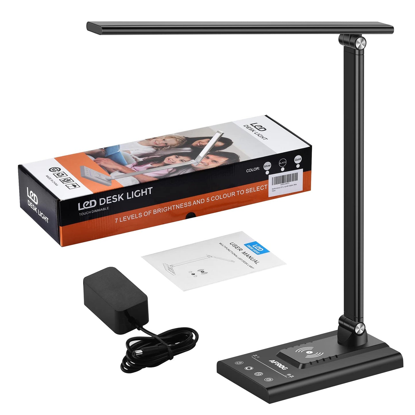 AFROG 5th Gen Multifunctional LED Desk Lamp with 10W Fast Wireless Charger, USB Charging Port,1800Lux Super Bright,5 Lighting Mode,7 Brightness, Touch Control, Auto Timer, 15W Office Table Lamp