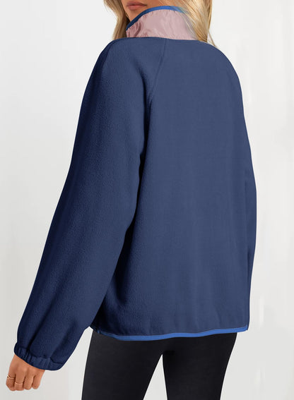 Dokotoo Winter Coats for Women Oversized Sweatshirts Warm Fuzzy Fleece Button Collar Color Block Long Sleeve Sweatshirt Cute Relaxed Fit Tops Pullover Outerwear Trendy 2025 Clothes Blue Large