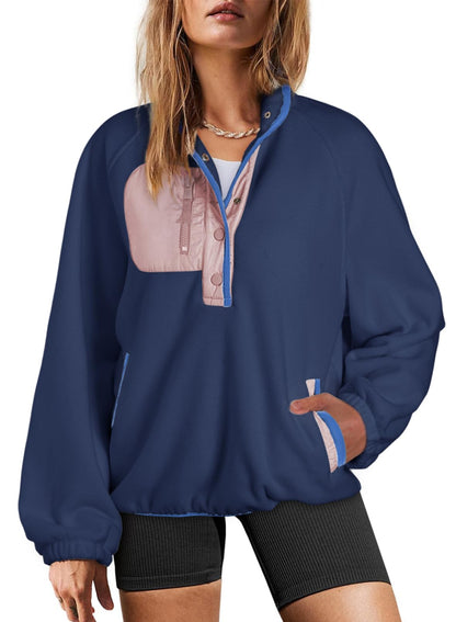 Dokotoo Winter Coats for Women Oversized Sweatshirts Warm Fuzzy Fleece Button Collar Color Block Long Sleeve Sweatshirt Cute Relaxed Fit Tops Pullover Outerwear Trendy 2025 Clothes Blue Large