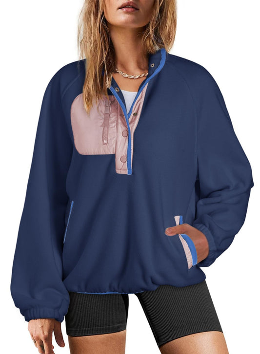Dokotoo Winter Coats for Women Oversized Sweatshirts Warm Fuzzy Fleece Button Collar Color Block Long Sleeve Sweatshirt Cute Relaxed Fit Tops Pullover Outerwear Trendy 2025 Clothes Blue Large