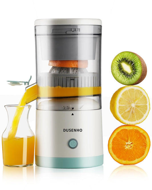 DUSENHO Electric Juicer Rechargeable - Citrus Machines with USB and Cleaning Brush Portable for Orange, Lemon, Grapefruit White + Green 9.4 * 4.4 * 5.4 inches