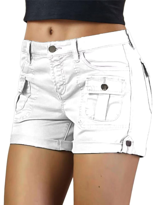 Flamingals Women's Cargo Shorts Mid Waist Trendy Summer Hiking Shorts with Flat Pocket for Women White S