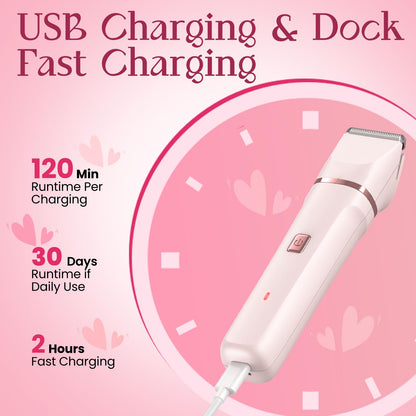 Bikini Trimmer for Women - Painless Electric Razors for Silk Skin,Cordless Body Shaver for Trip,Replaceable Lady Facial Razor, IPX7 Waterproof&Easy Cleaning, Ceramic Blade, USB Charge Dock Pink