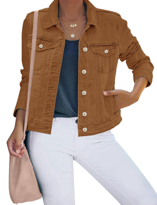 luvamia Women's Classic Casual Long Sleeves Jacket Basic Button Down Trucker Jacket Coat Brown Size Medium