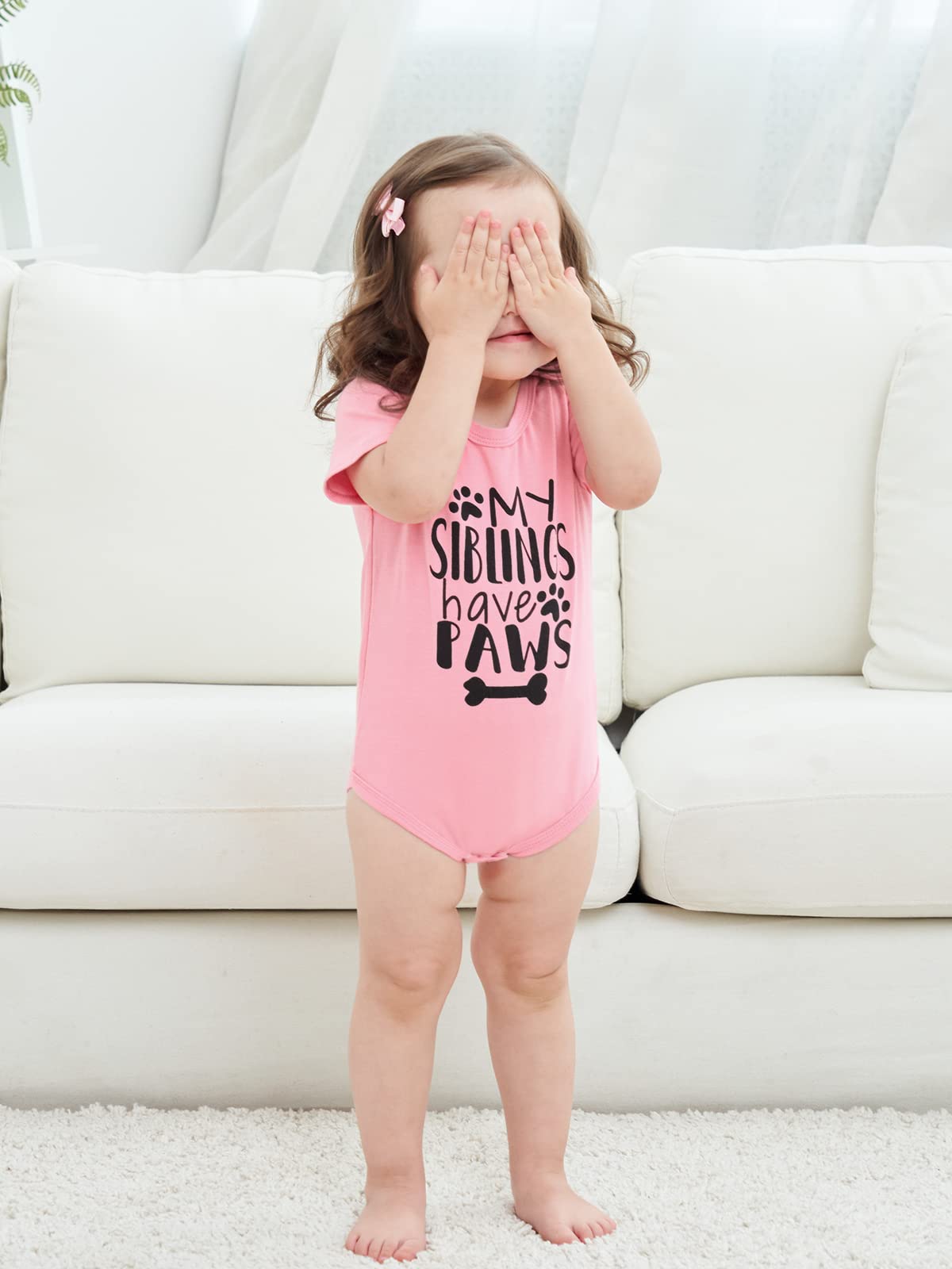 Funnycokid Baby Girls Boys Romper My Siblings Have Paws Newborn Stuff Gender Neutral Announcement Bodysuit Pink Short Sleeve Clothes 3-6 Months
