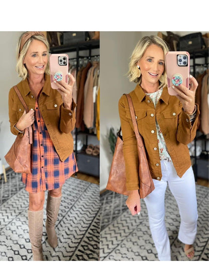 luvamia Women's Classic Casual Long Sleeves Jacket Basic Button Down Trucker Jacket Coat Brown Size Medium