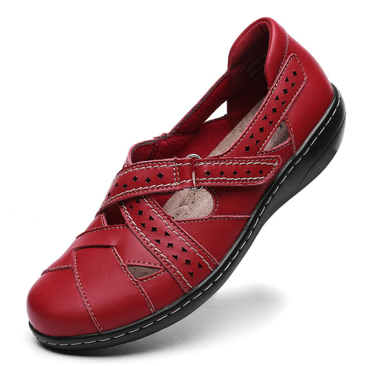 Irrefour Women's Classic Red Genuine Leather Casual Loafer Cute Slip-On Fashion Closed Toe Flat Sandal Comfy Work Sandal Everyday Walking Shoe 1607-HON060