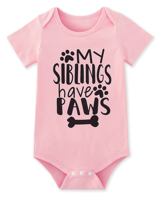 Funnycokid Baby Girls Boys Romper My Siblings Have Paws Newborn Stuff Gender Neutral Announcement Bodysuit Pink Short Sleeve Clothes 3-6 Months