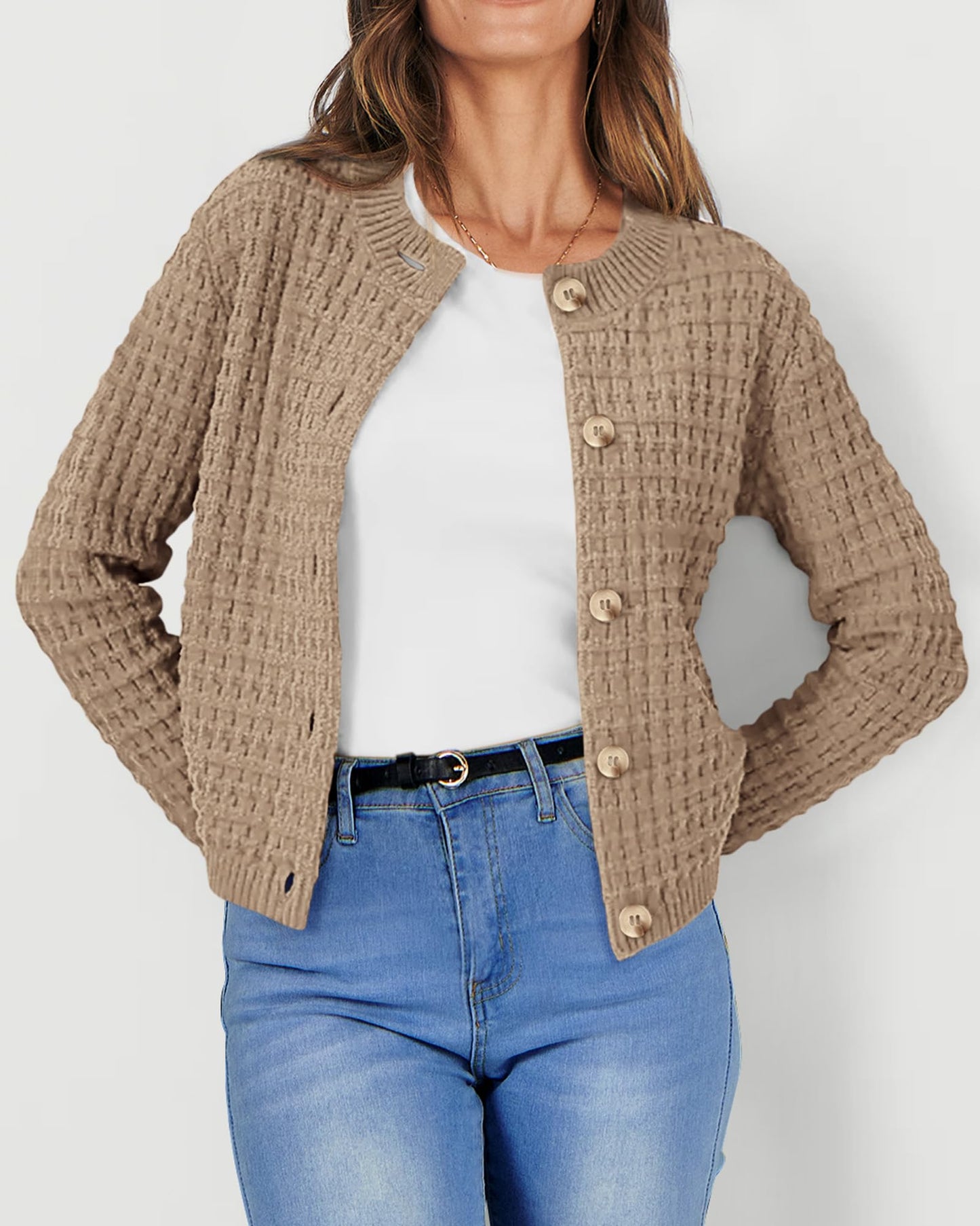 PRETTYGARDEN Women's Knit Cardigan Sweaters Casual Long Sleeve Open Front Button Down Trendy Jackets Outerwear (Camel,Large)