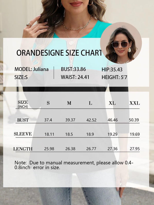 ORANDESIGNE Women’s 3/4 Length Sleeve Tops Summer Color Block Zipper T Shirts Casual Ladies Tees