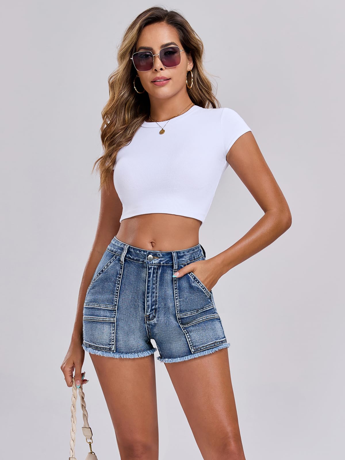 Aotasely 2025 Women's Stretchy Cargo Denim Shorts Mid Rise Jean Shorts Raw Hem Jorts with Pockets Short Jeans 3.5" Inseam