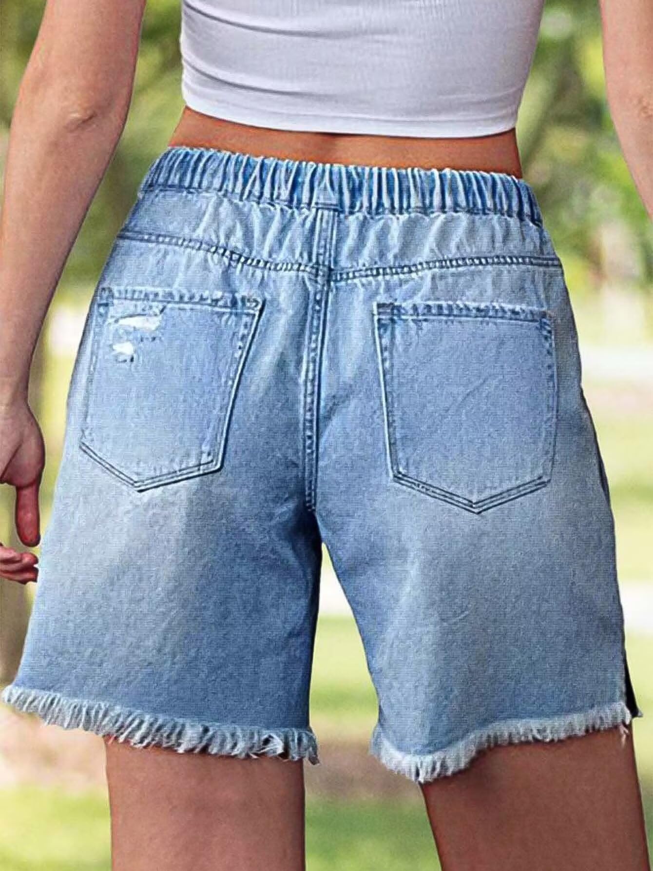 Flamingals Mid Waist Drawstring Raw Hem Ripped Split Detail Trendy Denim Mid Thigh Shorts Light Blue XL