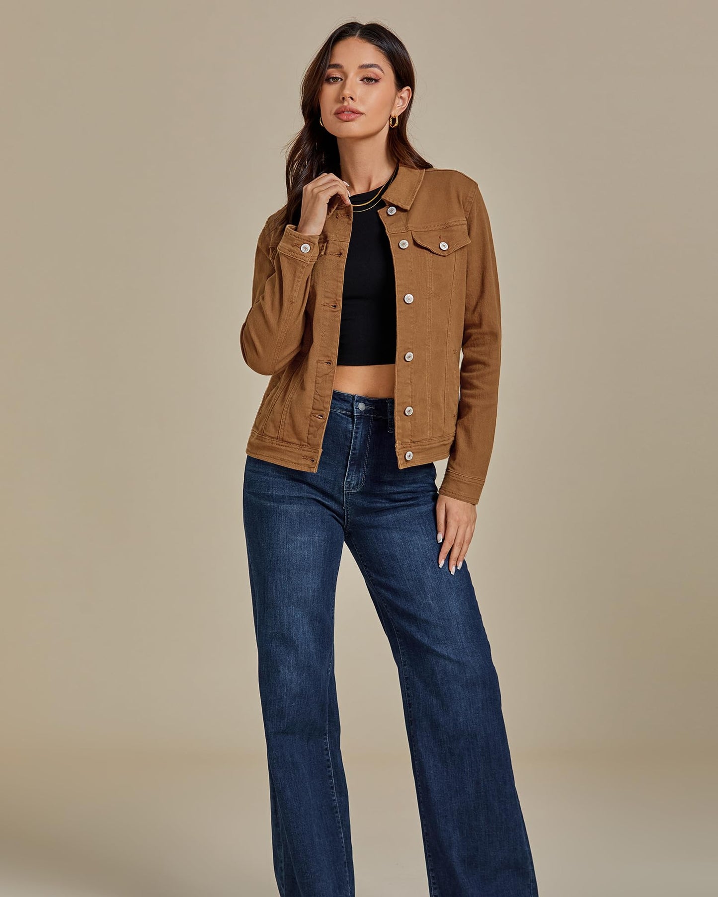 luvamia Women's Classic Casual Long Sleeves Jacket Basic Button Down Trucker Jacket Coat Brown Size Medium