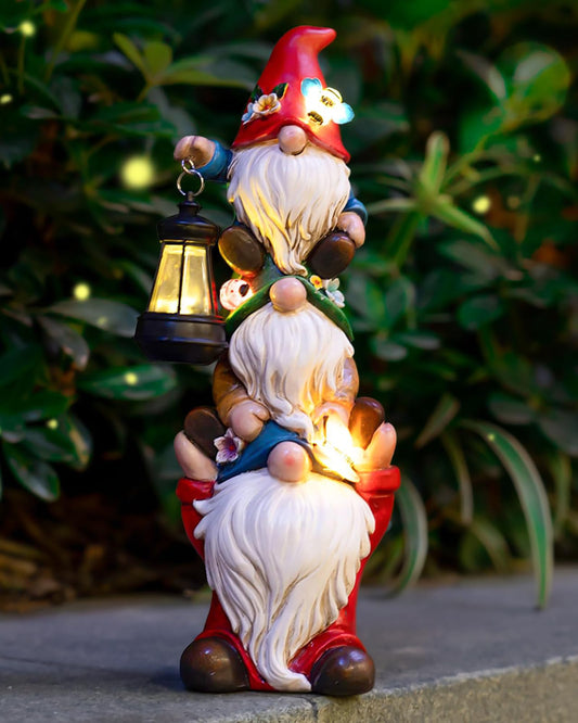 Garden Gnome Statue with Solar Lights Garden Sculptures Funny Triple Gnome Outdoor Patio Lawn Yard Balcony Garden Home Decor Birthday Gifts for Women Mom Grandma 12 in Fall Gnome