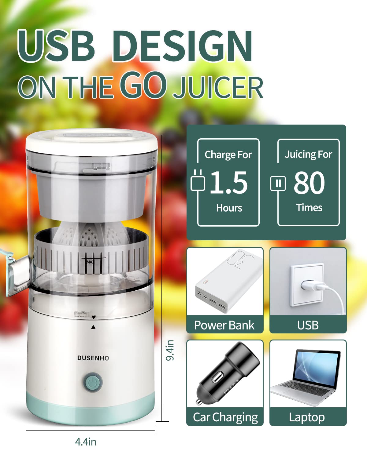 DUSENHO Electric Juicer Rechargeable - Citrus Machines with USB and Cleaning Brush Portable for Orange, Lemon, Grapefruit White + Green 9.4 * 4.4 * 5.4 inches