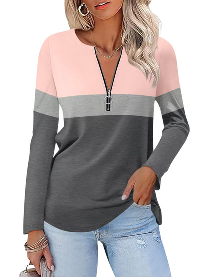 ORANDESIGNE Women's Long Sleeve Shirts Color Block Zipper Tops Tunics Casual Fall Ladies Tees
