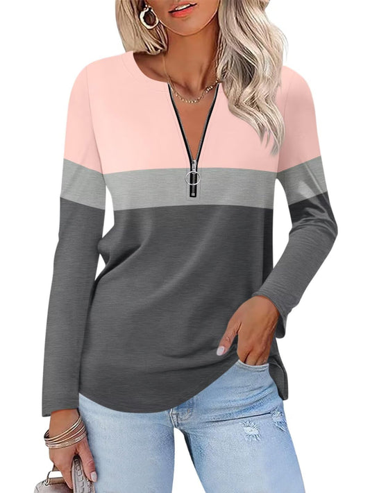 ORANDESIGNE Women's Long Sleeve Shirts Color Block Zipper Tops Tunics Casual Fall Ladies Tees