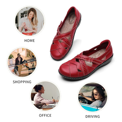 Irrefour Women's Classic Red Genuine Leather Casual Loafer Cute Slip-On Fashion Closed Toe Flat Sandal Comfy Work Sandal Everyday Walking Shoe 1607-HON060