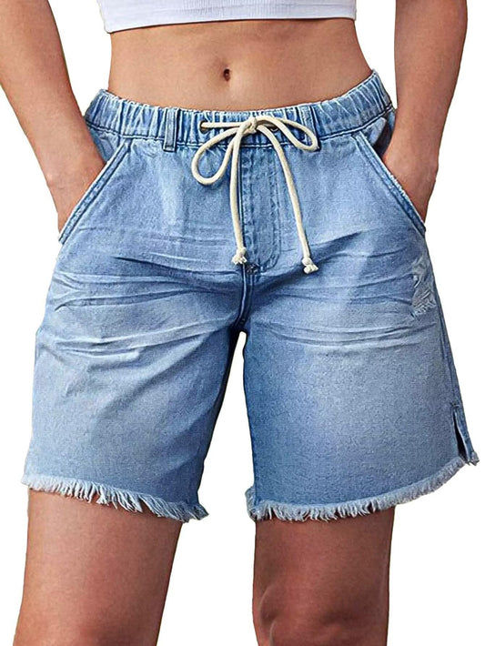 Flamingals Mid Waist Drawstring Raw Hem Ripped Split Detail Trendy Denim Mid Thigh Shorts Light Blue XL