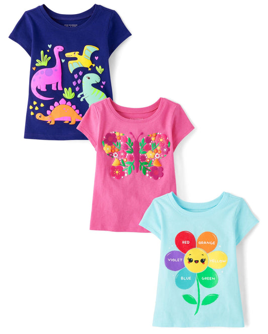 The Children's Place,Baby Girls,and Toddler Assorted Everyday Short Sleeve Graphic T-Shirts,Multipacks,Flowers/Butterfly/Dinos 3-Pack,3 Years