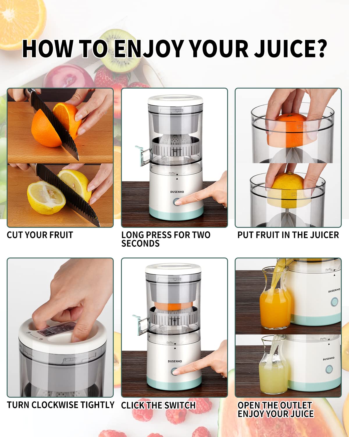 DUSENHO Electric Juicer Rechargeable - Citrus Machines with USB and Cleaning Brush Portable for Orange, Lemon, Grapefruit White + Green 9.4 * 4.4 * 5.4 inches