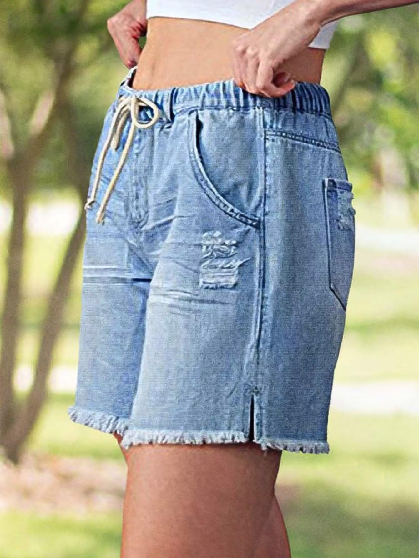Flamingals Mid Waist Drawstring Raw Hem Ripped Split Detail Trendy Denim Mid Thigh Shorts Light Blue XL