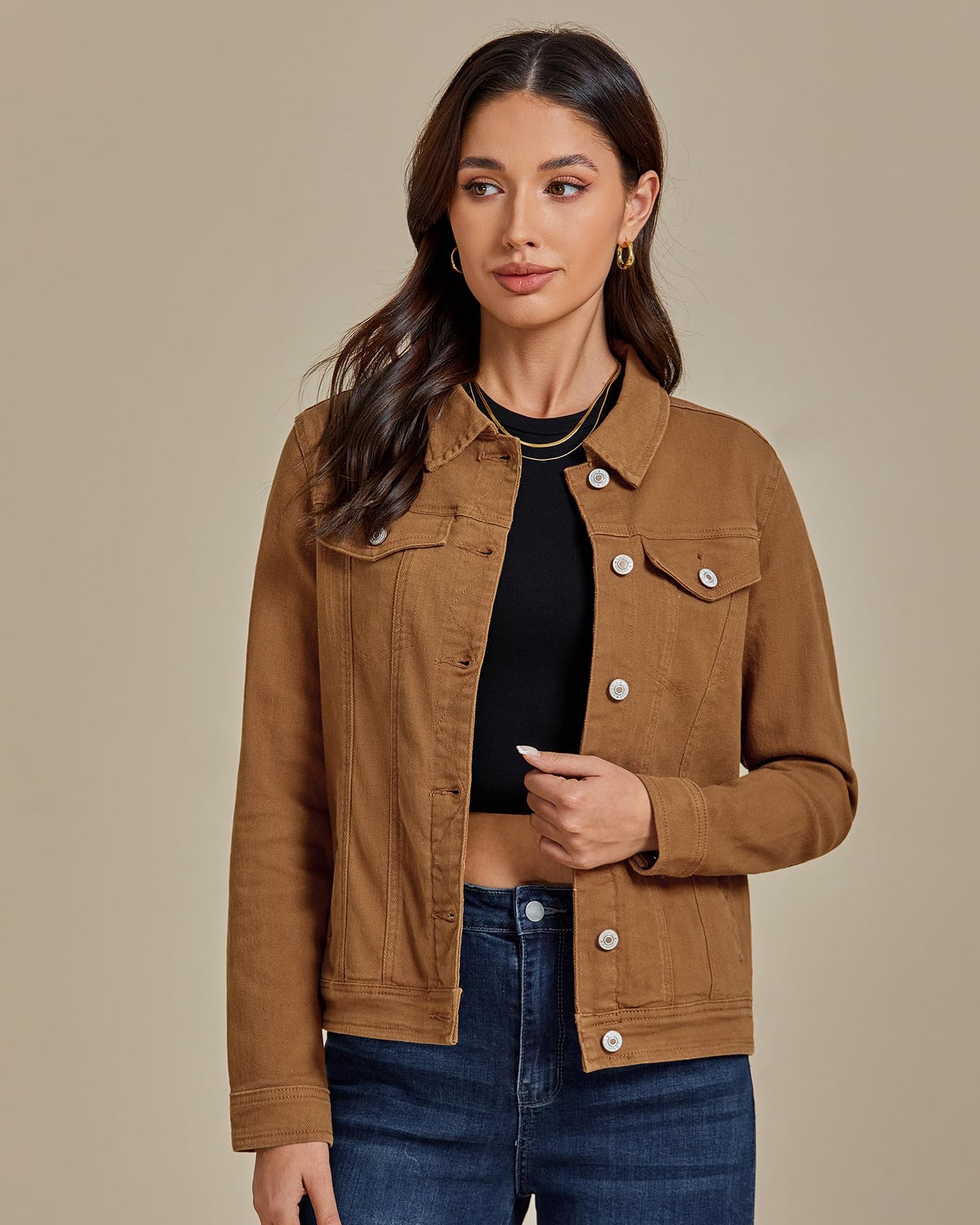 luvamia Women's Classic Casual Long Sleeves Jacket Basic Button Down Trucker Jacket Coat Brown Size Medium
